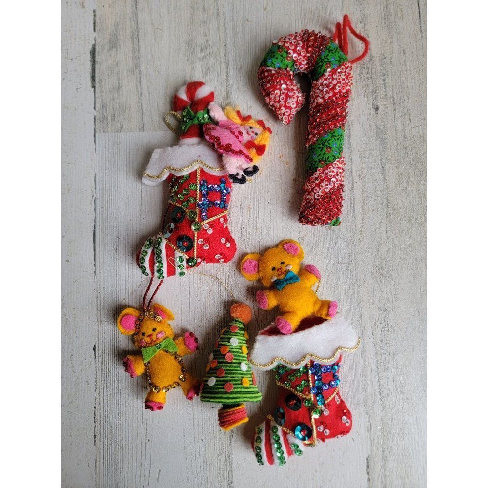 Vintage plush stocking Teddy Bear tree candy cane set ornament Xmas